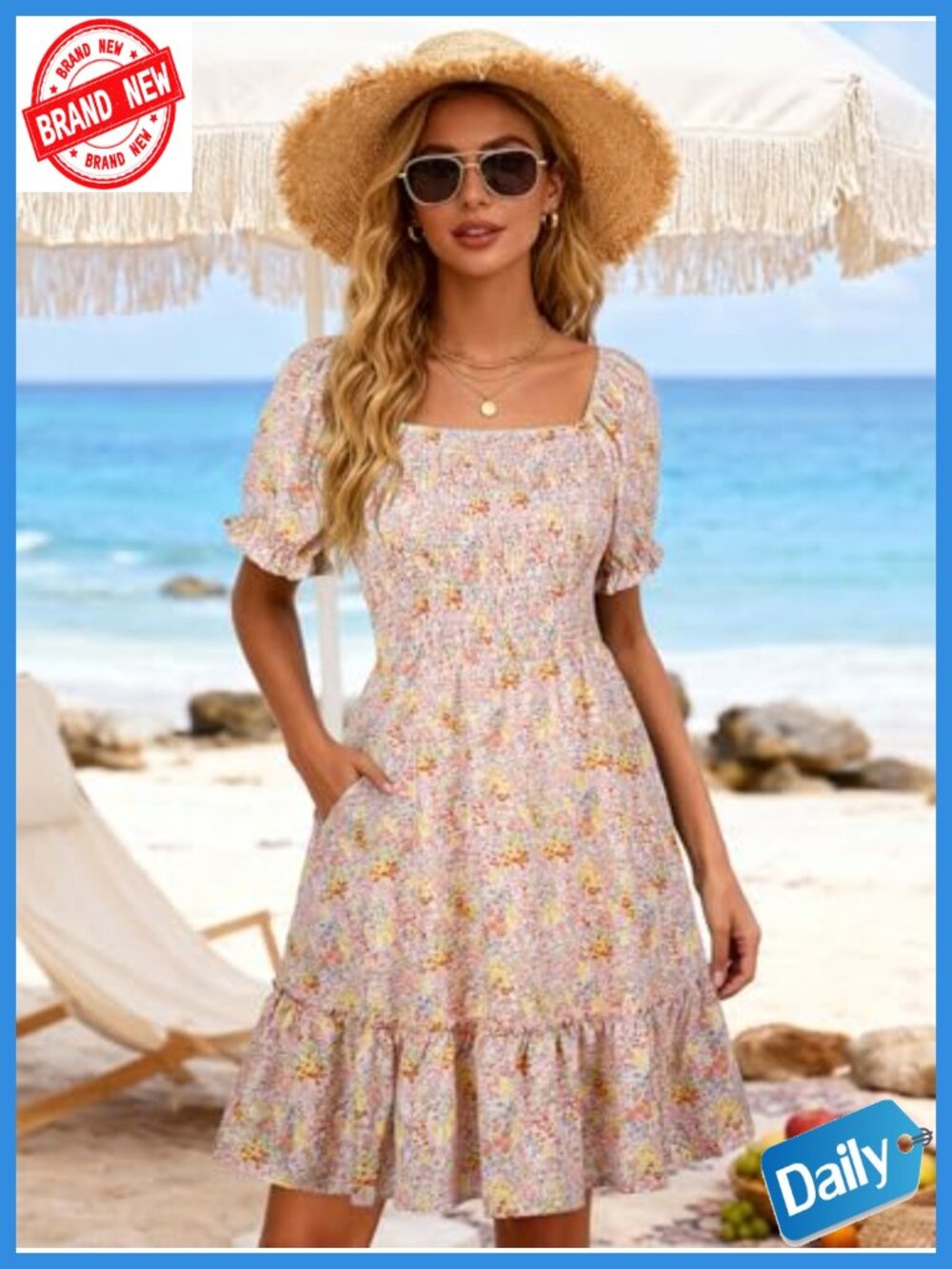 Square Neck Short Sleeve Smocked Sun Dress with Pockets Ruffle Boho - Picture 2 of 6